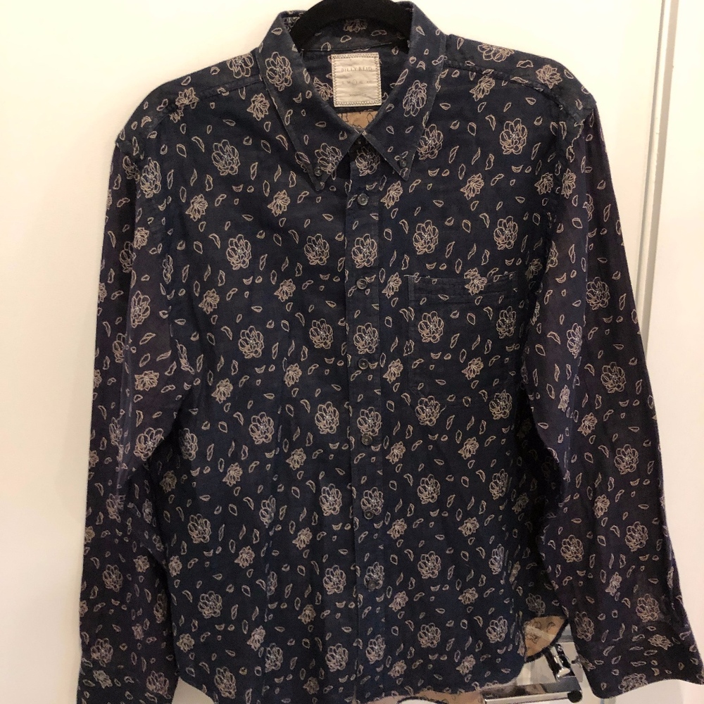 Billy Reid Navy Blue Floral Embroidered Shirt